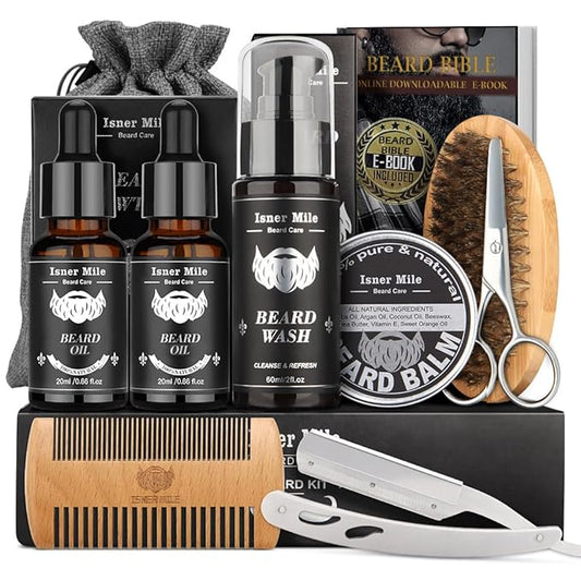 Beard Grooming Kit for Men Care: with Beard Shampoo - Oil - Balm - Brush - Comb - Scissors & Storage Bag, Fathers Day - Christmas - Birthday Gifts for Men, Stocking Stuffers for Him/Boyfriend/Husband