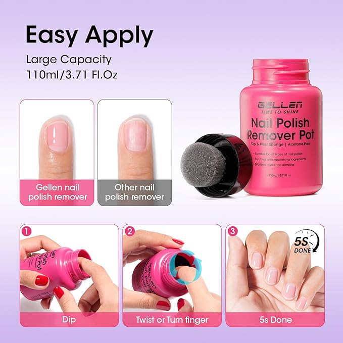 Gellen Nail Polish Remover, Dip Twist Sponge Nail Polish Remover Pot For Fingernail Toenail, Non-Acetone Fragrance Free, 5-9s Quick Removal, Lavender Scent No drying Formula Shea Butter & Vitamin E