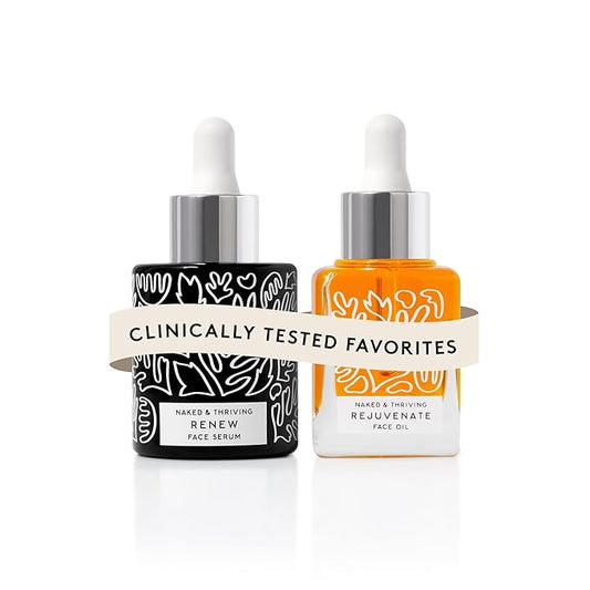 Naked & Thriving The Night Set | Renew Resurfacing Night Serum (30 mL) + Rejuvenate Restorative Face Oil (35 mL) with Hyaluronic Acid, Argan & Sea Buckthorn Oils and Fruit AHAs (Set of 2)