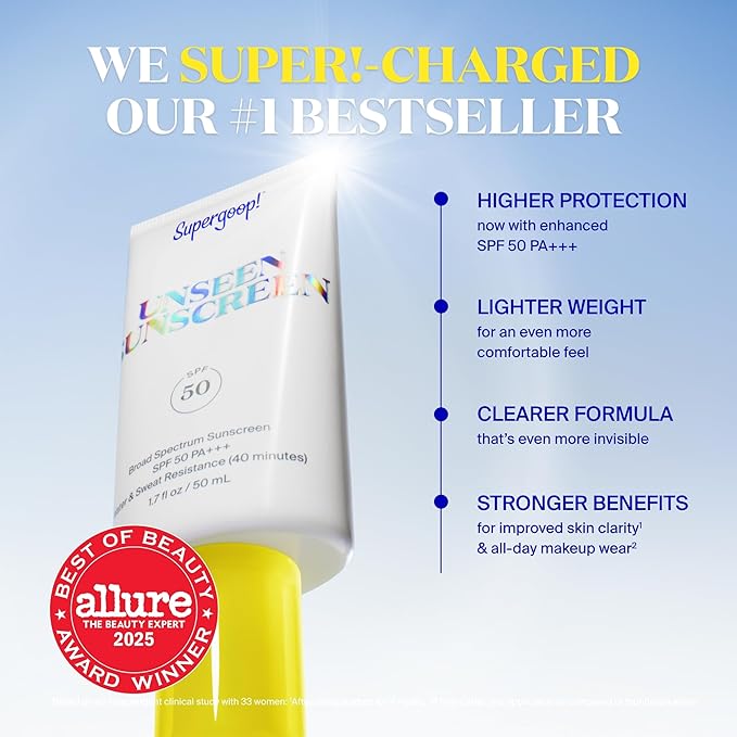 Supergoop! Unseen Sunscreen - SPF 50 - Clear & Invisible Face Sunscreen + Broad Spectrum + Makeup-Gripping Primer - Weightless, Scentless, Oil Free - For All Skin Types & Tones - 1.7 fl oz