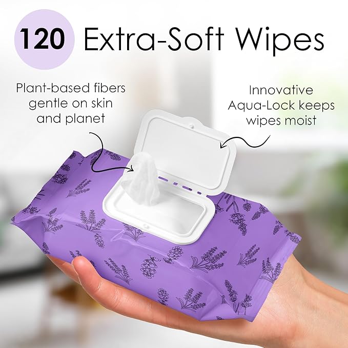 BeautyFrizz Lavender Face Wipes - 120 pcs - Gentle Makeup Remover Wipes for Women - Facial Cleansing Wipe with Aloe, Castor, Vitamin A and E - Extra Soft - Moisturizing
