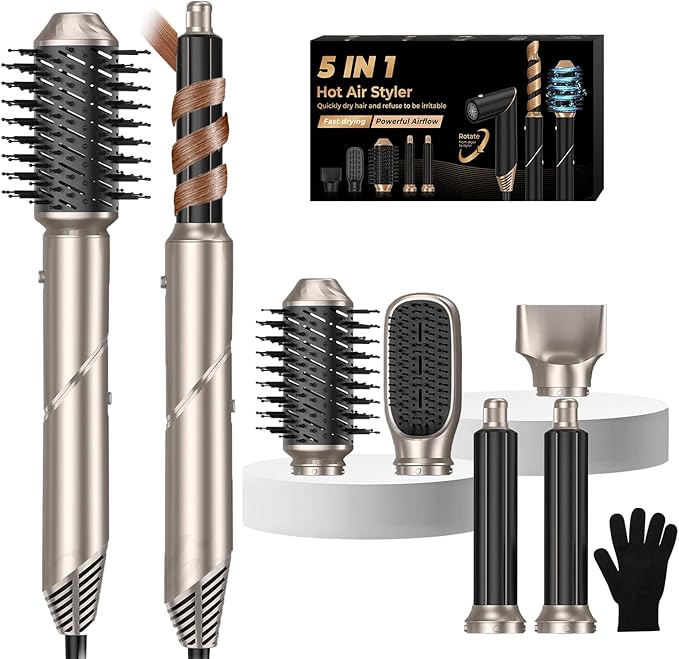 Hair Dryer Brush 5 in 1, Blow Dryer Brush Set with Air Curler Wrap Hair Styler, Negative Ionic Blow Dry Brush, Detachable Hair Tool for Curling, Volumizer,Straightener,Drying