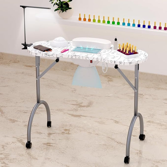 Portable Nail Table for Nail Tech on Wheels, Foldable Professional Manicure Table Travel Nail Desk with LED Lamp/Dust Collector/3 Dust Bags/Wrist Cushion/Storage Bag, White
