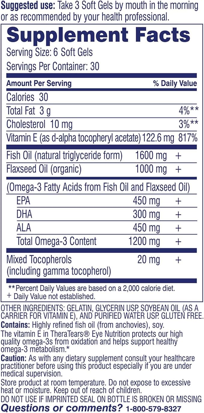 TheraTears 1200mg Omega 3 Supplement for Eye Nutrition, Organic Flaxseed Triglyceride Fish Oil and Vitamin E, 180 Count with Thera Tears Eye Drops for Dry Eyes, 0.5 Fl Oz, 15 Ml, 2 Pack