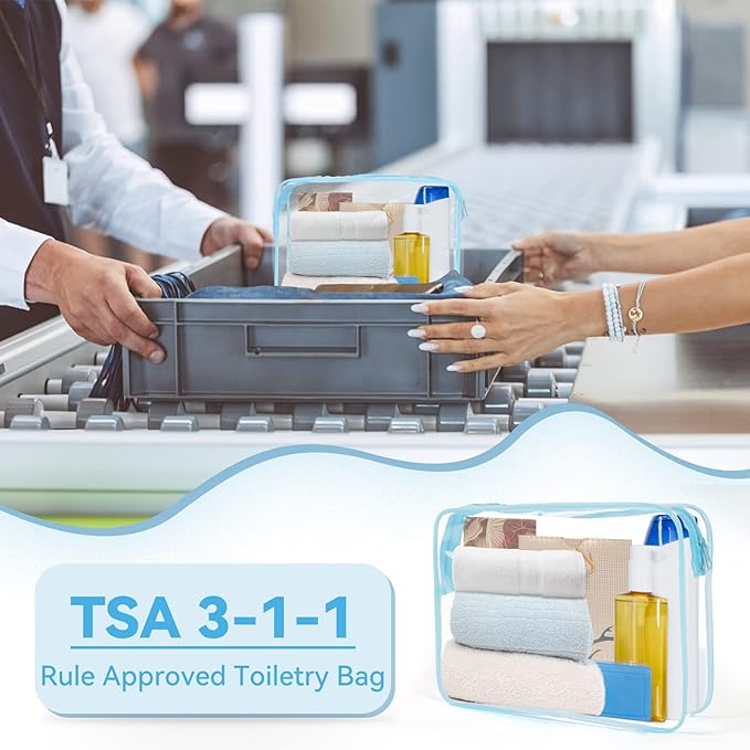 TISRATOK 12 PCS Clear Makeup Bag for Women with Zipper, TSA Approved Toiletry Pouch, Cosmetic Bag Bulk for Travel Organizer Essentials - Blue,Large