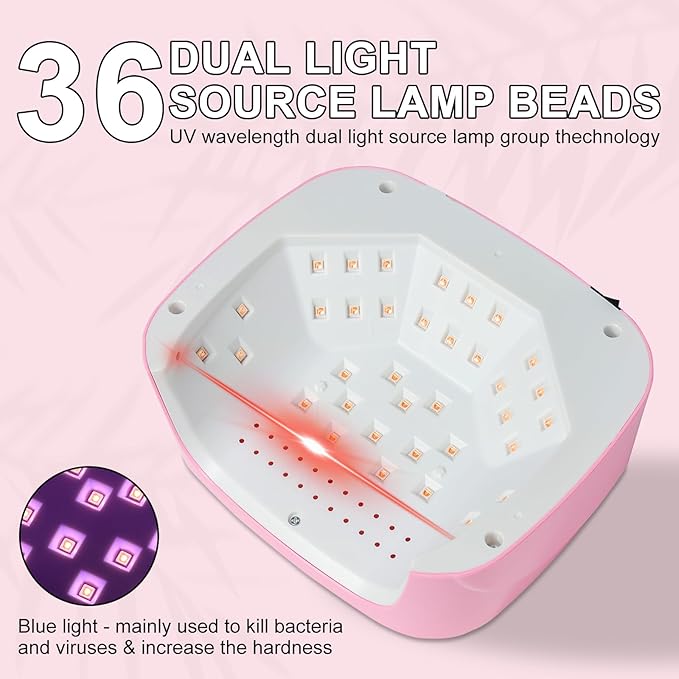 LIMEGIRL UV LED Nail Lamp Kit for Gel Polish Professional Fast Curing Pink Dryer Light Set with 4 Timer Settings Cordless Rechargeable Nail Art Cure Machine with UV Gloves and Automatic Sensor