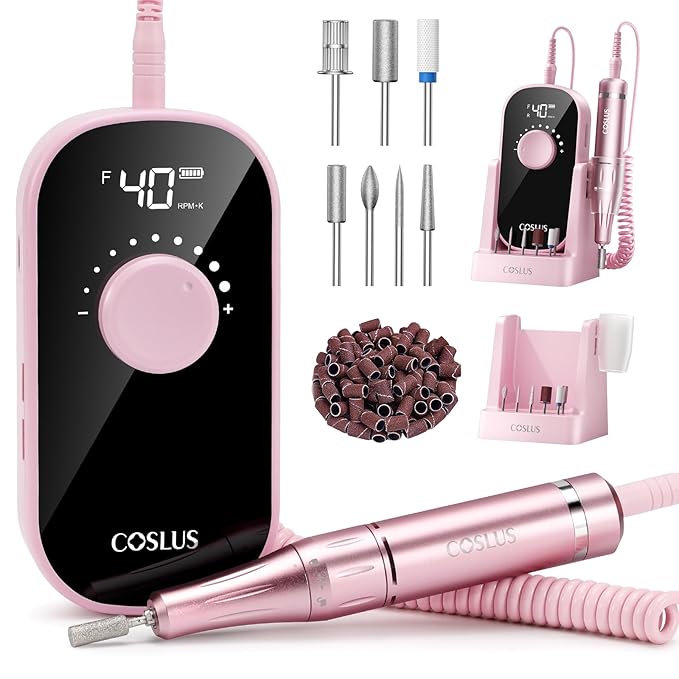 COSLUS Professional Electric Nail Drill, 40000 RPM Portable Rechargeable Nail File with Storage Stand for Acrylic Gel Polishing Removing - Easy to Use for Women, Manicure at Home DIY or Salon, Pink