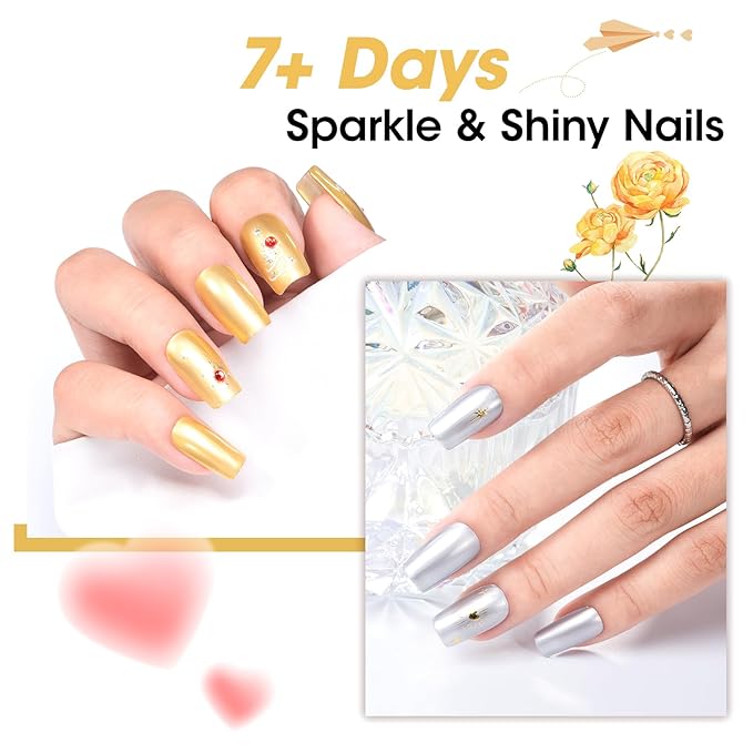 GELLEN Metallic Nail Polish Set, Gold Silver Chrome Mirror Nail Polish with 3-in-1 Base Coat Top Coat Strengthener Polish, Air Dry Nail Lacquer for Finger Toe, Christmas DIY Manicure Gift