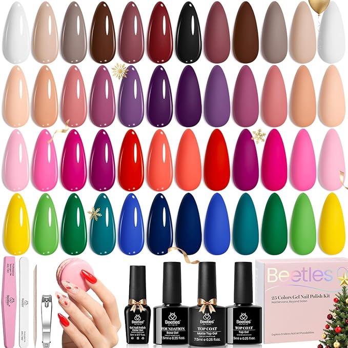 Beetles Winter Gel Polish Kit - Chic Outfits Collection 25 Colors Polish Set, Brown Purple Nude Red Black Color Gel Nails with 3Pcs Base Top Coat Soak off Uv Gel Manicure Kit Gift for Women
