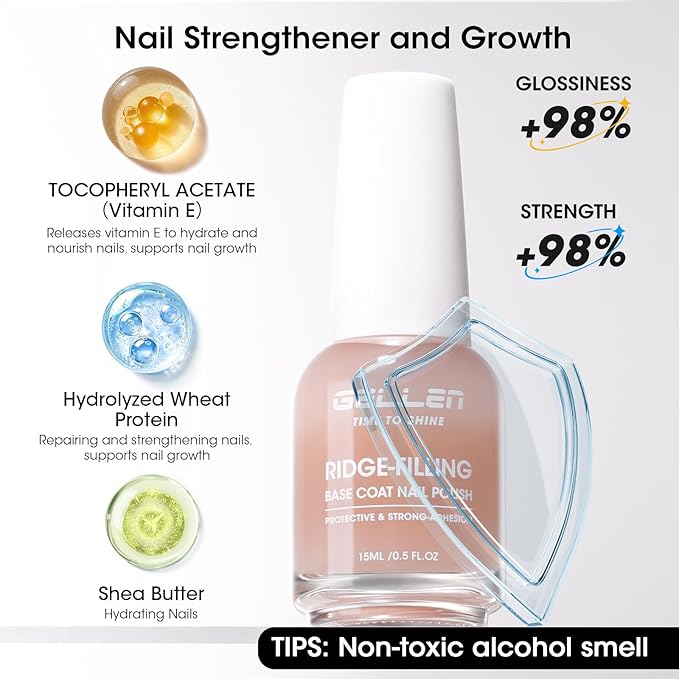 GELLEN Tinted Nude Ridge Filler For Nails, Clear Nail Polish Ridge Filling Base Coat, Nail Strengthener and Growth, Hydrates Strengthens Nourishes Damaged Dry Nails, Shea Butter & Vitamin E & Protein