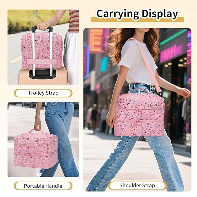 CUBETASTIC Nail Polish Organizer Bag, Double Layer Nail Tech Travel Case Holds 45 Bottles & Full-Size Lamp, Portable Manicure Storage Box for Nail Supplies, Tools & Dip Powder - Pink