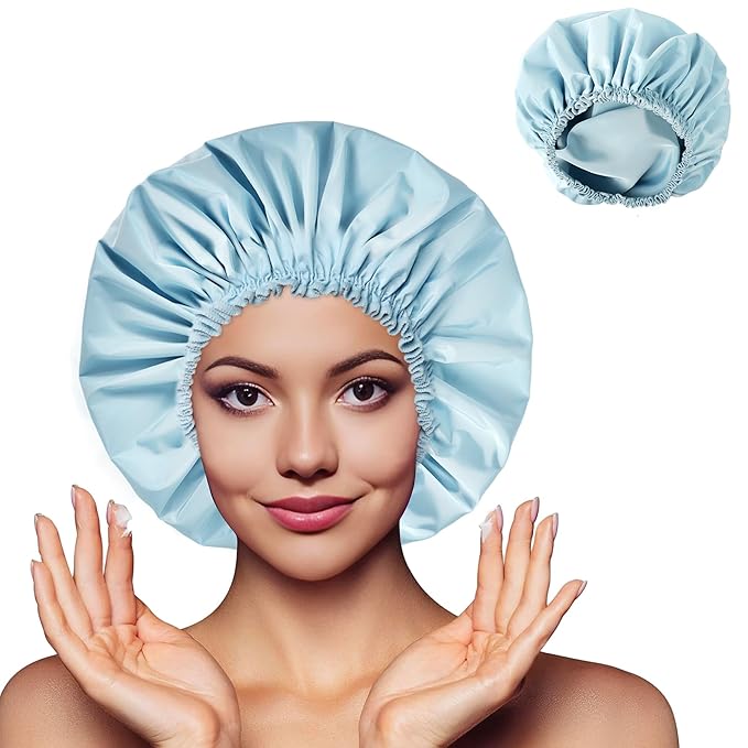 Shower Cap for Women, Double Layer Waterproof Bath Cap, Reusable Hair Protector, Large Waterproof Shower Bonnet Washable Elastic Band Bath Hair Hat for Long Hair, Braids， - Blue