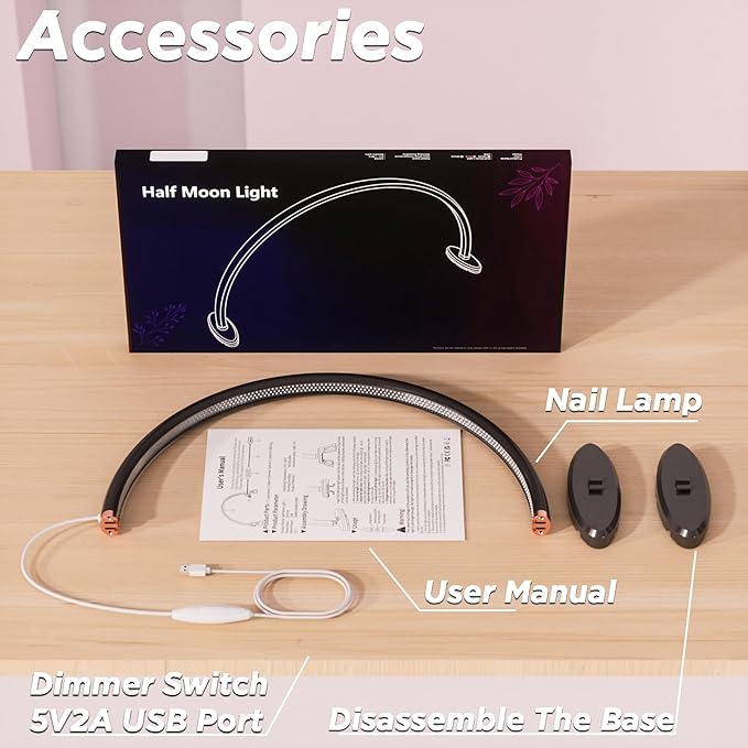 Small Half Moon Light for Nail Desk Moon Light Nail Tech Half Moon lamp Color Temperature 3500K-6500K USB Powered for Personal DIY Manicure Handicraft Lighting (16in-Black)