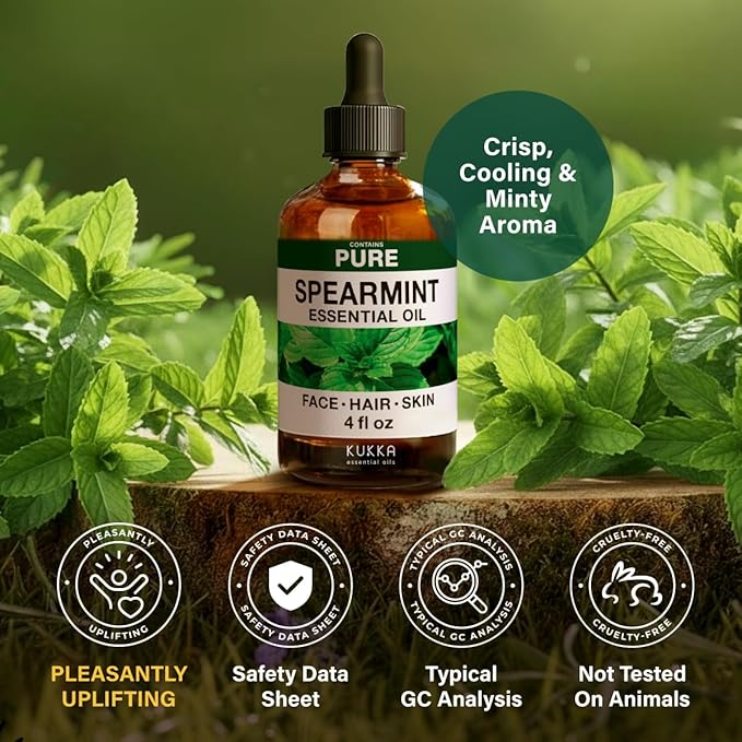 KUKKA Spearmint Essential Oils - 4 Fl Oz - for Hair, Skin, Diffuser, Aromatherapy & DIY Soap Making Scent