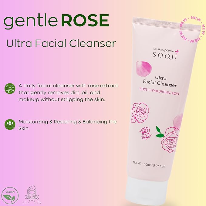Rose Facial Cleanser with Hyaluronic Acid – Hydrating Daily Face Wash for Glowing Skin – Made in Korea – 150ml