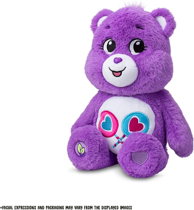 Care Bears 14" Share Bear Plushie - Medium Size - Purple Plush for Ages 4+ – Perfect Stuffed Animal Holiday, Birthday Gift, Super Soft and Cuddly – Good For Girls and Boys, Employees, Collectors