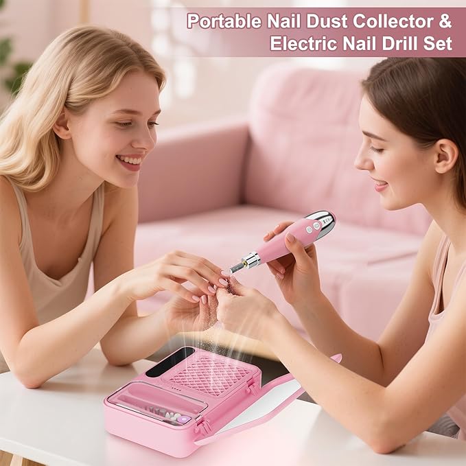 WOBSION Nail Dust Collector & Electric Cordless Nail Drill 2-in-1 Set, Portable Acrylic Gel Nail Removing and Polishing Manicure Tools for Beginners,Lightweight &Rechargeable,Ideal for Home
