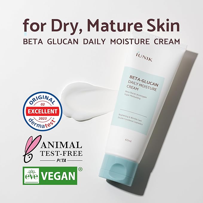 IUNIK Beta-Glucan Vegan Lightweight Non-Sticky Deep Moisture Watery Cream Lotion Daily Moisturizer Quick Absorption Dry Mature Sensitive Fine lines Skin Naturally-Derived Centella Vitamin Korean