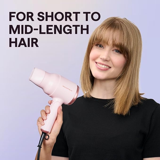 Wavytalk Portable Hair Dryer with Diffuser, Foldable Mini Hair Dryer with Lightweight Design, 1600W Small Hair Blow Dryer with Diffuser for Curly Hair Fast Drying, Rose Pink