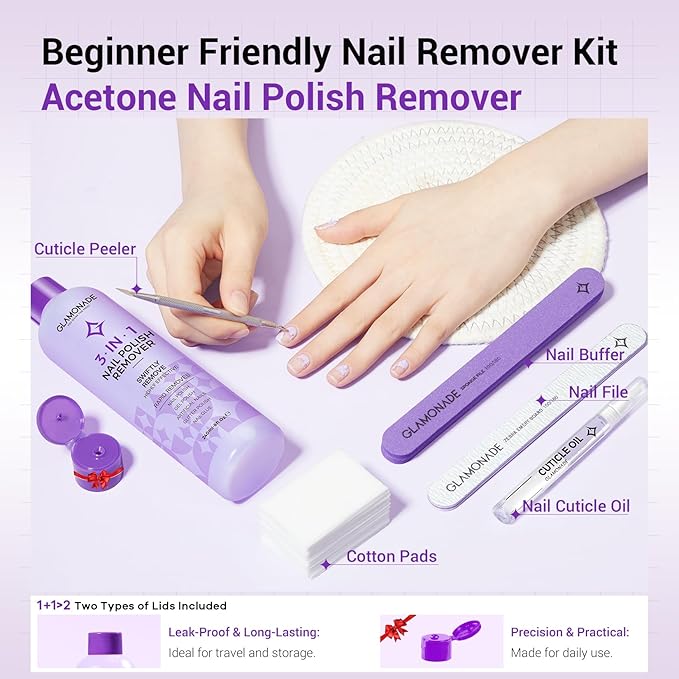 Acetone Nail Polish Remover Kit: Soak off Gel Polish Remover Includes Nail Cuticle Oil, Nail File, Cuticle Peeler, Nail Buffer Block & 50 PCS Cotton Pads(8 Fl.Oz.)