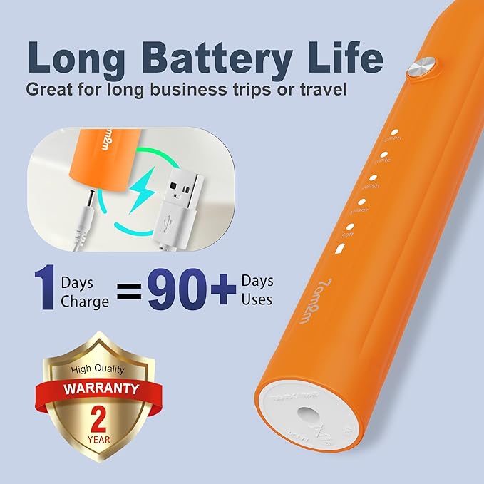 7AM2M Sonic Electric Toothbrush for Adults and Kids, with 8 Brush Heads and Travel Case,5 Modes with 2 Minutes Built in Smart Timer, One Charge Use for 90 Days, Rechargeable Toothbrushes (Orange)