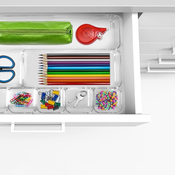 Manaloom Desk Drawer Organizer Tray with 9 Storage Compartments - For Home and Office - Drawer Organizers Office, Perfect Organizing Pens, Pencils, Paper Clips, Sticky Notes - Clear - 2 Pack