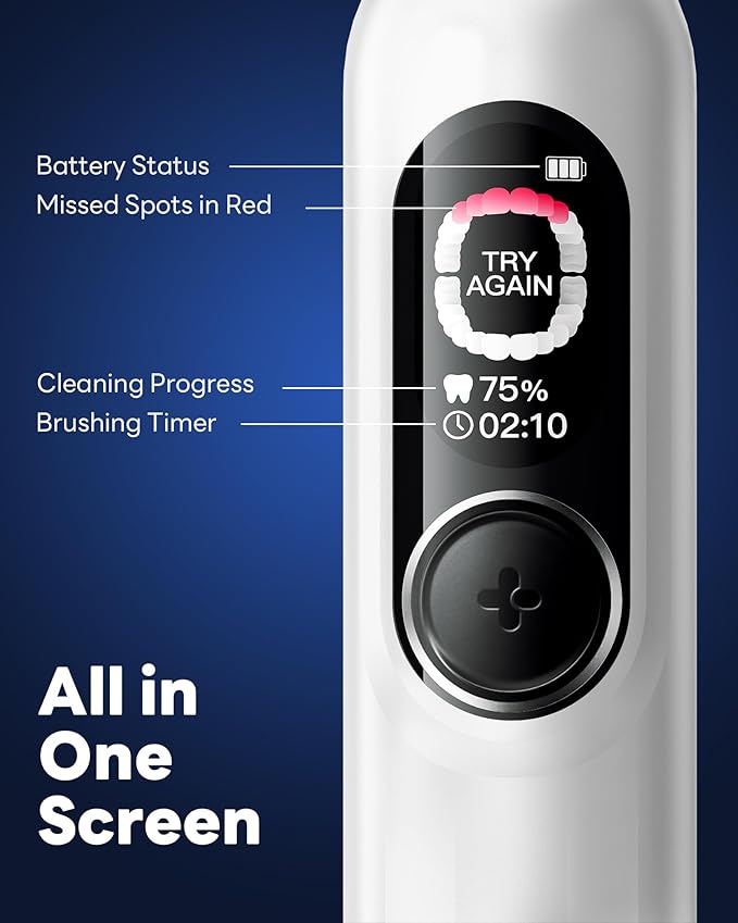 Electric Toothbrush with AI Smart Screen for Adults Kids | 150-Day Battery, Real-Time Brushing Map | Whitening Mode, 3-Min Timer, Travel Case | Family Sonic Electric Tooth Brush (G5S White)