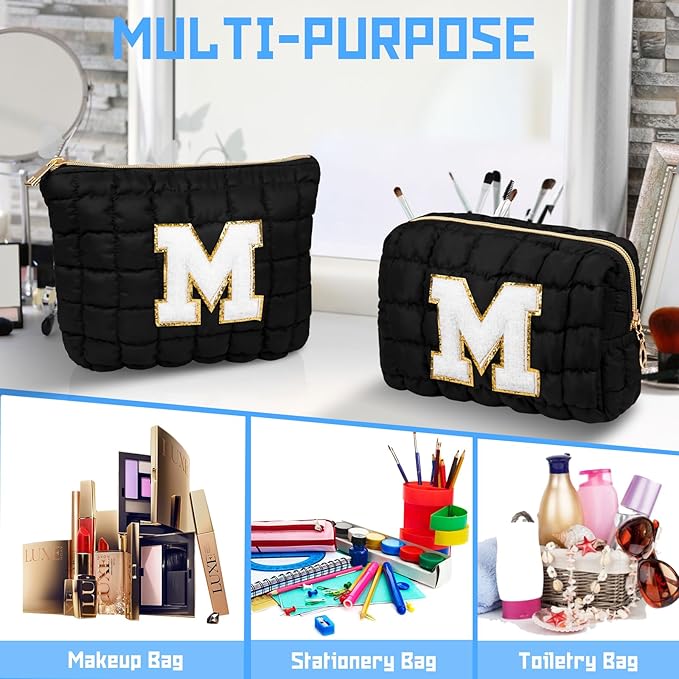 2PCS Initial Checkered Makeup Bag, Large Quilted Cosmetic Bag, Cute Make up Pouch for Purse, Travel Toiletry Storage Bag for Women Preppy Teen Girls Gift Trendy Stuff Gift (Black A)