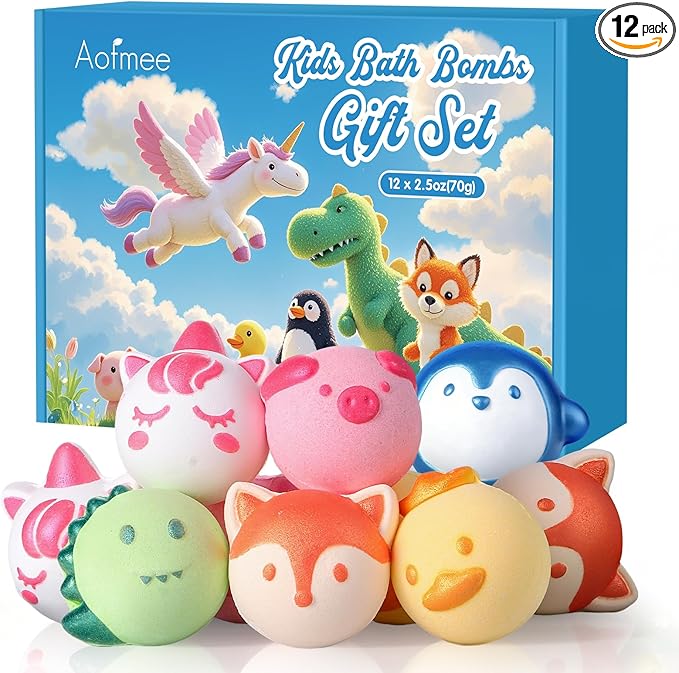 Aofmee Bath Bombs for Kids, 12 Pcs Kids Bath Bombs with Essential Oil, 6 Animal Shapes and Fruity Aroma, Natural Organic Spa Gift Set for Boys Girls, Birthday Christmas Halloween