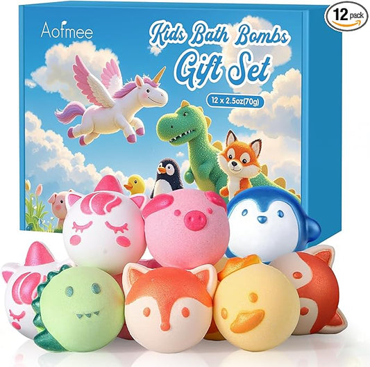 Aofmee Bath Bombs for Kids, 12 Pcs Kids Bath Bombs with Essential Oil, 6 Animal Shapes and Fruity Aroma, Natural Organic Spa Gift Set for Boys Girls, Birthday Christmas Halloween