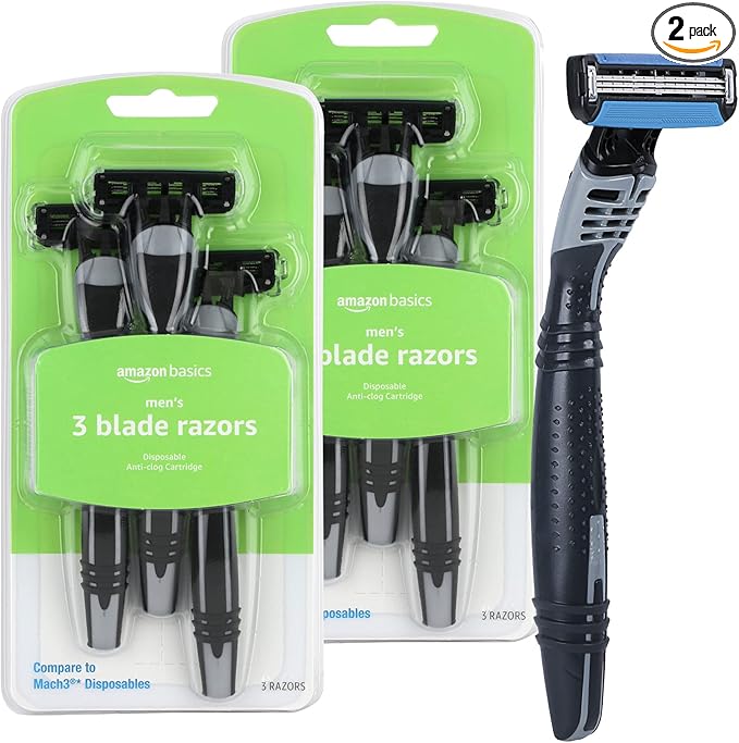 Amazon Basics 3-Blade Disposable Razors for Men, 6 Count, 2 Packs of 3 (Previously Solimo)