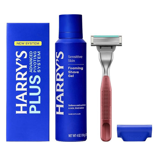 HARRY'S PLUS: Shaving Kit for Men - Premium Handle, Razor Blade Cartridge, 4 oz Foaming Shave Gel, and Travel Blade Cover - Advanced Pivoting System - Clay