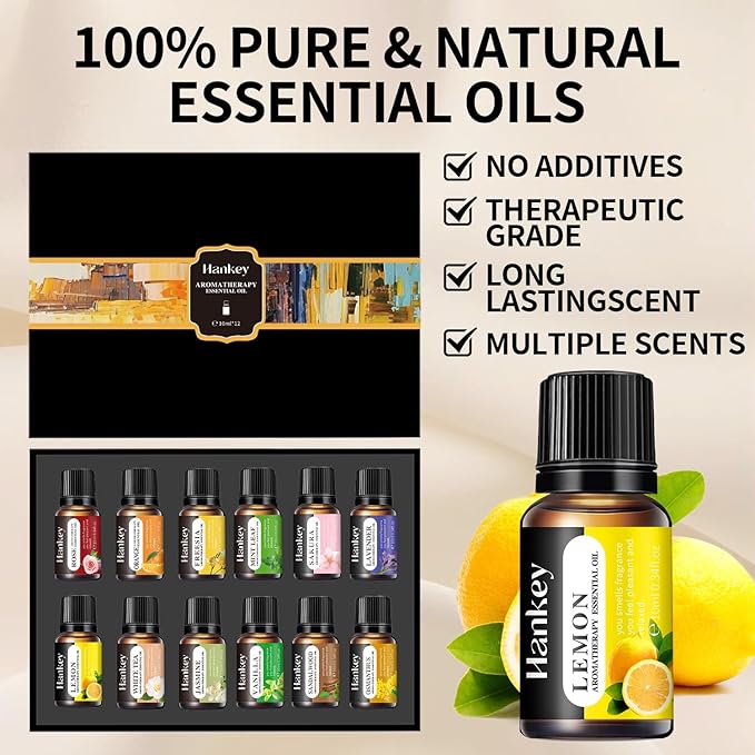 Premium Essential Oils Gift Set, 12 Aromatherapy Blends for Diffusers, Home Care, Candle Making-Rose, Orange, Freesia, Mint, Sakura, Lavender, Lemon, White Tea, Jasmine, Vanilla, Osmanthus, Sandalwood