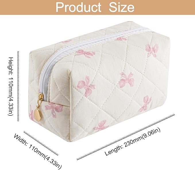 Makeup Bag Travel Cosmetic Bag for Women Girls, Zipper Make Up Pouch, Floral Flowers Toiletry Organizer Makeup, Portable Storage Cosmetic Travel Cloth Bag (Pink+Pink Bow Tie)