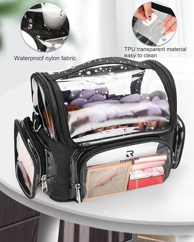 Makeup Brush Case, Large Makeup Brush Holder Professional Makeup Artist Travel Case Clear Waterproof Cosmetic Organizer Bag, Full Open Easy to Access, with Adjustable Strap and Dividers