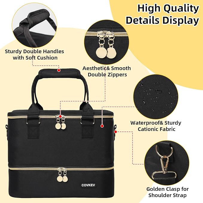 Nail Polish Organizer Hold 80 Bottles (15ml/0.5 fl.oz)& Nail Lamp, Double Layer Nail Bag Organizer Case with Handle, Large Nail Supplies& Kit Storage Case for Women Travel (Black& Golden)