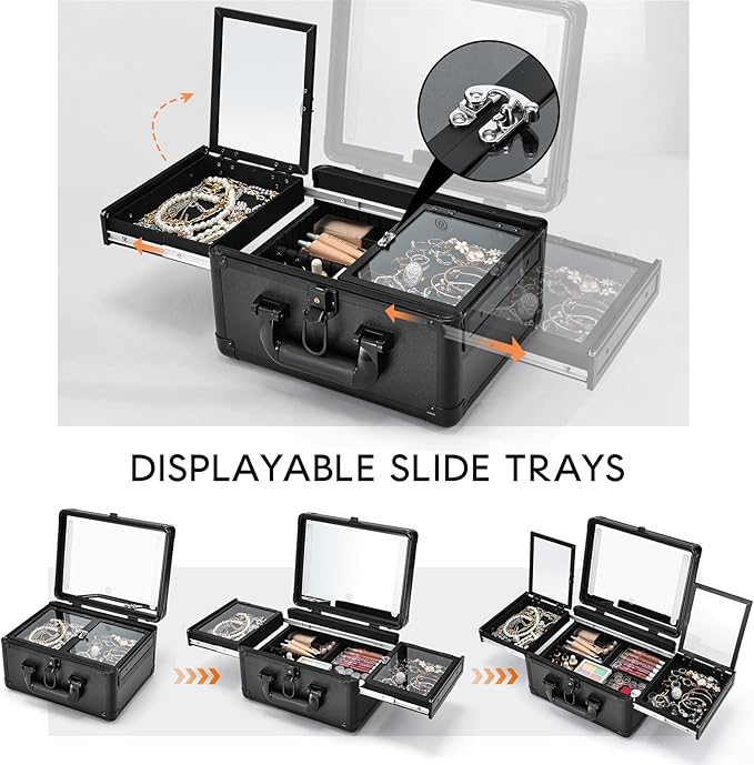 Makeup Case With LED Lighted Mirror 11.2 Inch Travel Makeup Train Case Adjustable Brightness in 3 Colors Cosmetic Organizer Artist Storage Box 2 Trays with Dividers Hard Make Up Vanity Black