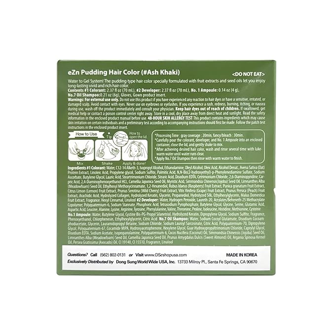 eZn Pudding Hair Dye Ammonia Free Semi-Permanent Self Hair Dye DIY Kit included contain Keratin Made in Korea Beauty (Ash Khaki)