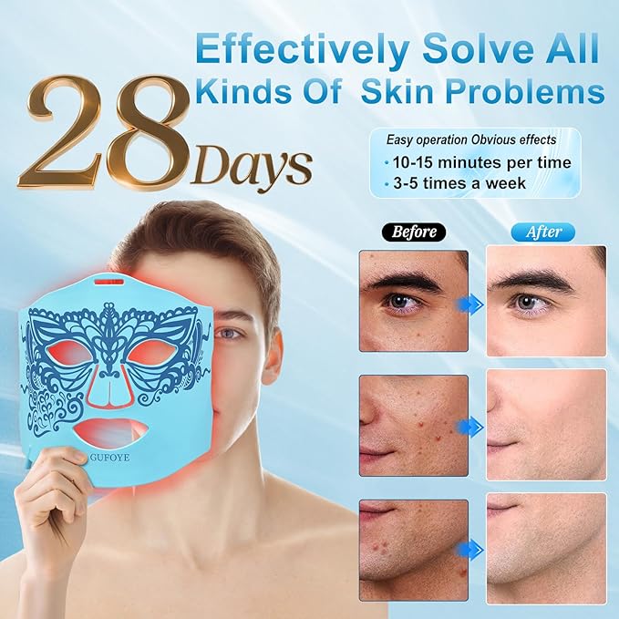 Red Light Therapy for Face Mask with Ice Compress, 850nm Infrared Red Light Therapy, 7+1 Light Modes Led Face Mask Light Therapy, Level 5 Timing, 3000mAh, Led Mask Light Therapy for Home, Blue