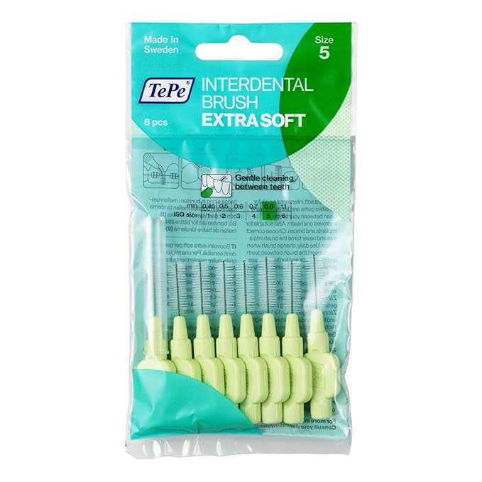 TePe Interdental Brush Extra Soft, Supersoft Dental Brush for Teeth Cleaning, Pack of 8, 0.8 mm, Large Gaps, Green, Size 5