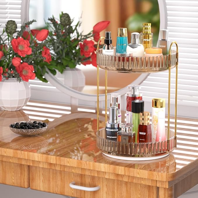 GTI 360°Rotating Makeup Organizer, 2 Tier Bathroom Counter Organizer,Large Capacity Perfume Cosmetics Skincare Vanity Organizers, Dresser Spinning Countertop Organizer and Storage for Women (Gold)