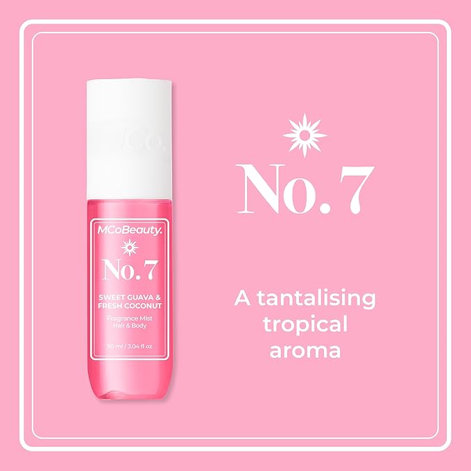 MCoBeauty - Fragrance Mist No. 7 - Light Body Mist and Hair Perfume with Sweet Guava & Fresh Coconut, Fruit Scent with Tropical Notes - Vegan, Cruelty Free - Gifts for Women, Feminine Spray - 90ml