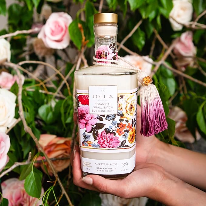 Lollia Always in Rose Bubble Bath, 25 fl oz, Rose & Hibiscus Scented Bubble Skin Care for Women, Moisturizing & Hydrating Luxury Floral Bubbling Bath Soap for Home Spa