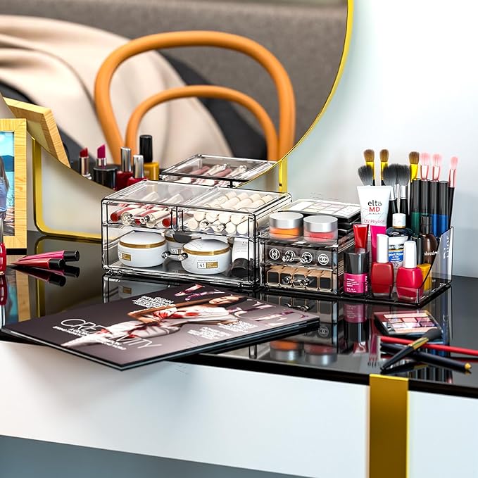 SUOXING Clear Acrylic Makeup Organizer for Vanity,Bathroom,Dresser,5 Drawer Make up Organizers for Counter,Plastic Countertop Makeup Storage for Beauty,Hair Accessory,Brush,Cosmetic,Skincare Organizer