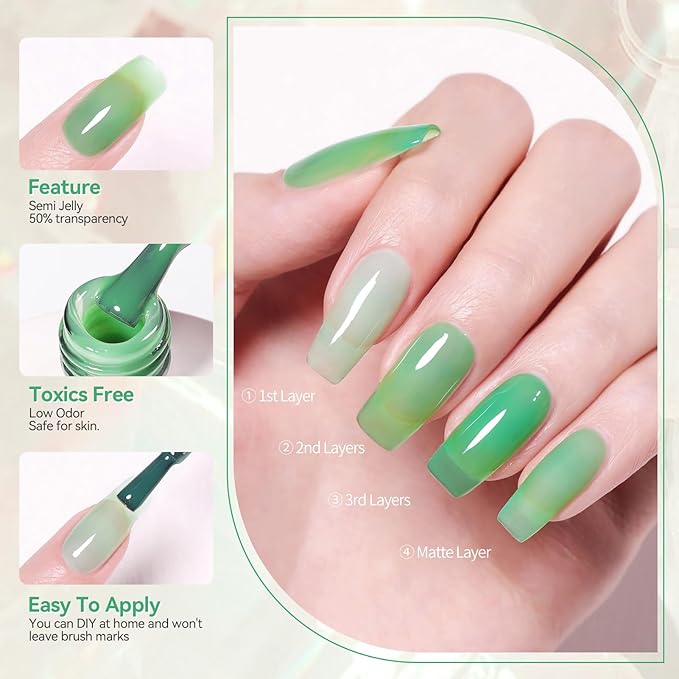 BORN PRETTY Jelly Green Gel Nail Polish Sheer Transparent Translucent Soak Off U V Gel Polish Nail Art DIY Manicure 15ML