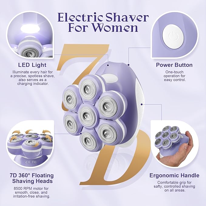 7D Electric Razor for Women: Fast & Painless Full-Body Shaver for Legs & Face – Waterproof Hair Remover with Light & Travel Cover – Wet/Dry Use, Smooth Close Shave, Birthday Christmas Gift