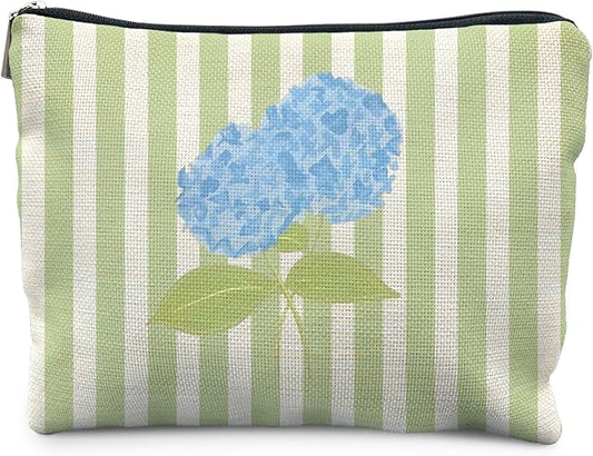 Blue Hydrangea Floral Makeup Bag for Women, Cottagecore Botanical Blue Flower Green Striped Cosmetic Bag for Purse, Floral Makeup Zipper Pouch