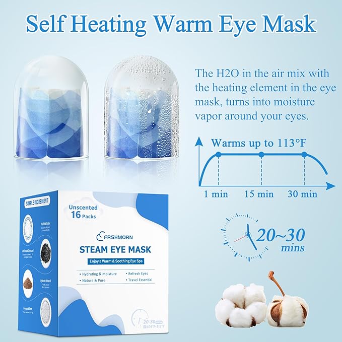 16 Packs Steam Eye Mask, Heated Eye Mask for Sleeping, Warm Compress for Eyes, Self Heating Disposal Steam Mask for Home Sleep, Office, Spa, Travel Essentials Stocking Stuffers (Unscented)