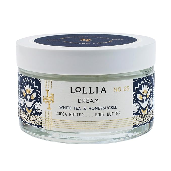 LOLLIA Dream Body Butter, 5.5 oz, White Tea & Honeysuckle Scented Balm for Women, Moisturizing Thick Shea & Cocoa Butter Lotion, Luxury Hydrating Skin Cream for Self Care