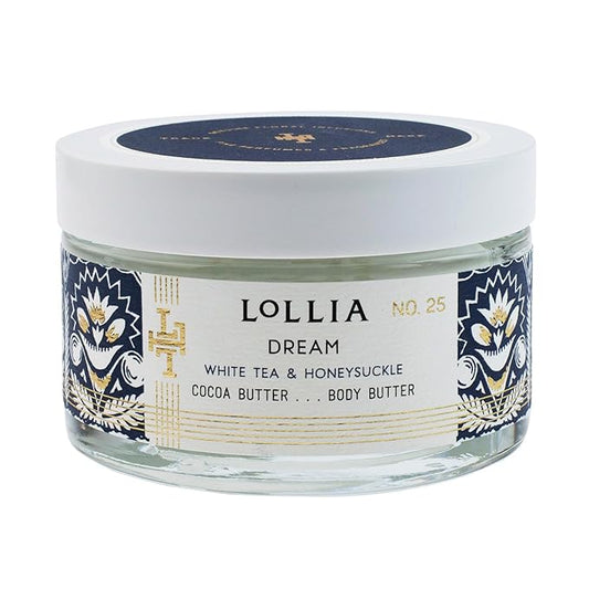 LOLLIA Dream Body Butter, 5.5 oz, White Tea & Honeysuckle Scented Balm for Women, Moisturizing Thick Shea & Cocoa Butter Lotion, Luxury Hydrating Skin Cream for Self Care